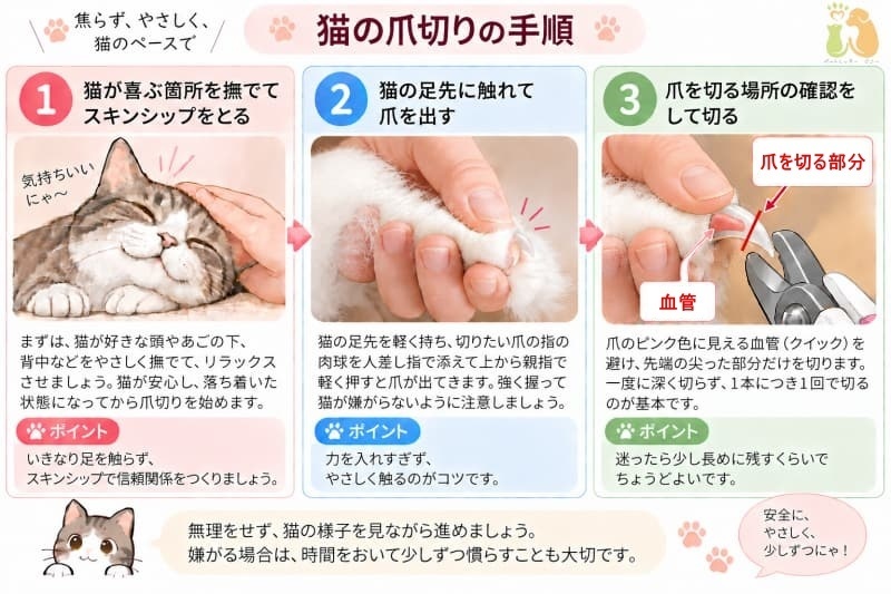 猫の爪切りの手順①猫が喜ぶ箇所を撫でてスキンシップをとる ②猫の足先に触れて爪を出す ③爪を切る場所の確認をして切る 猫の爪切りの手順①猫が喜ぶ箇所を撫でてスキンシップをとる ②猫の足先に触れて爪を出す ③爪を切る場所の確認をして切る