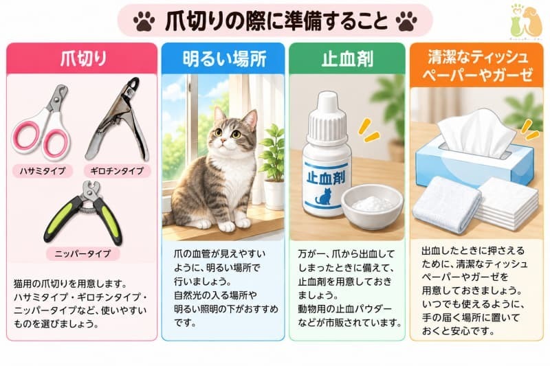 爪切りの際に準備すること、爪切り、明るい場所、止血剤、清潔なティッシュペーパーやガーゼ 爪切りの際に準備すること、爪切り、明るい場所、止血剤、清潔なティッシュペーパーやガーゼ