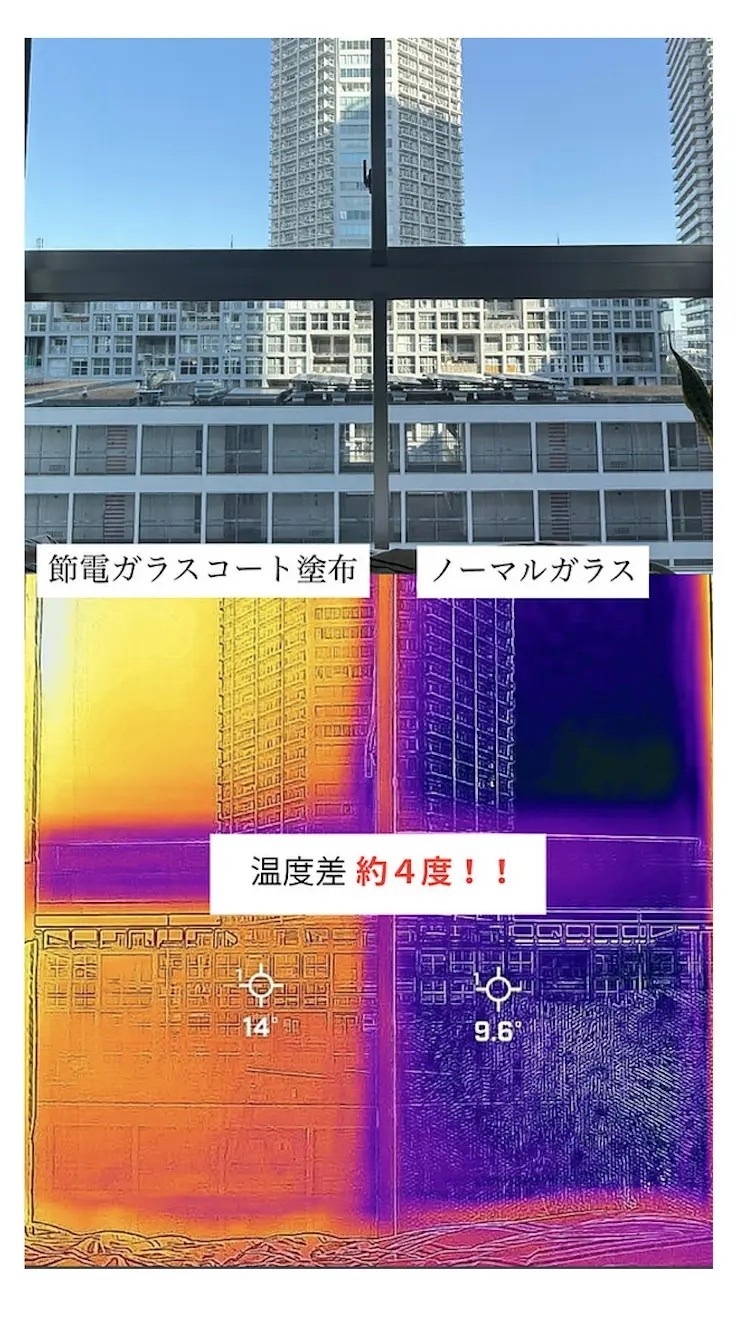 塗布ガラスとノーマルガラスの表面温度(サーモグラフィ) 塗布ガラスとノーマルガラスの表面温度(サーモグラフィ)