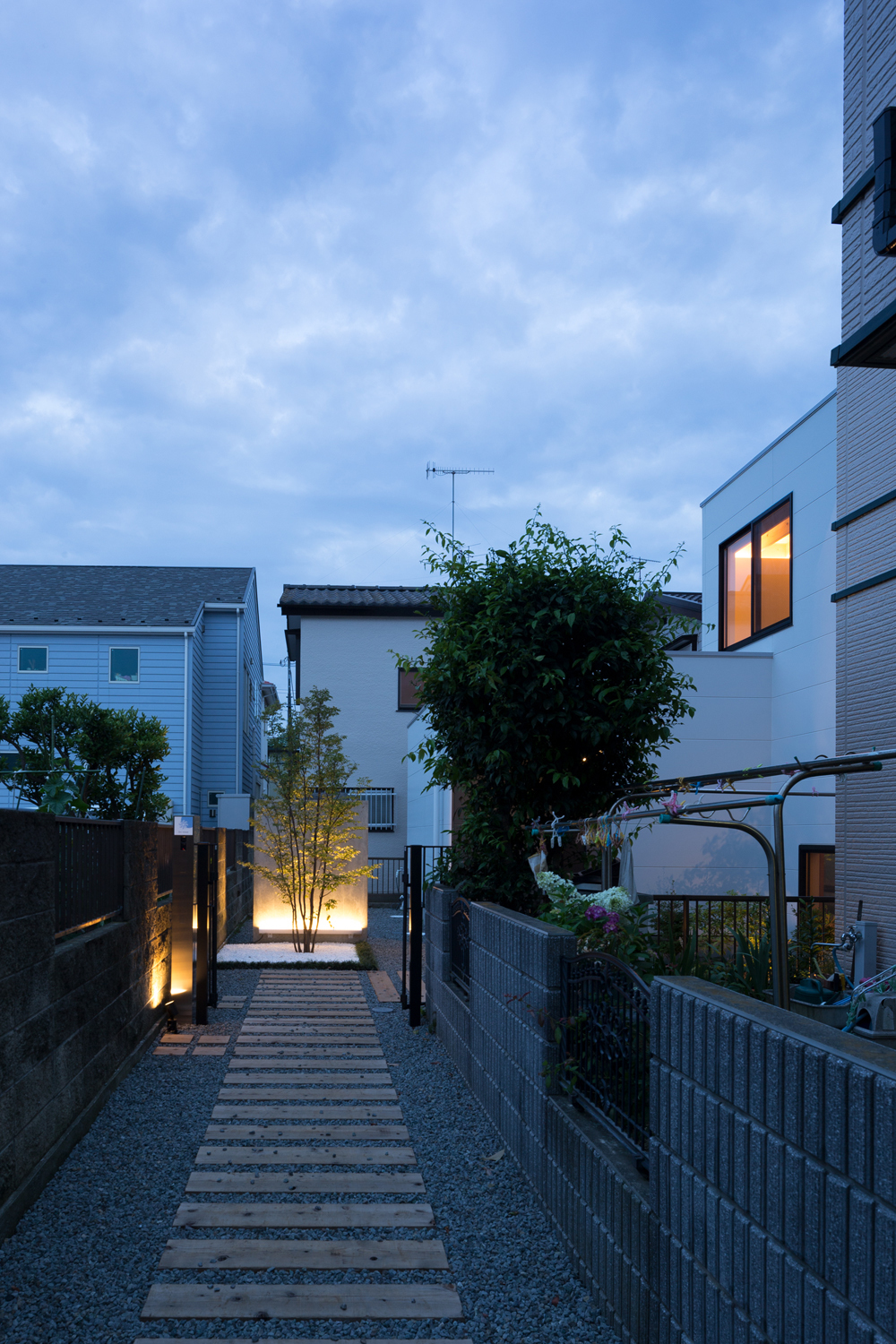 旗竿通路から見る夕景．シンボルツリーはヒメシャラ