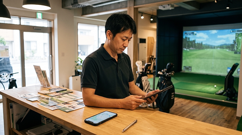 集客施策に悩みながらタブレットを見る店舗オーナー 集客施策に悩みながらタブレットを見る店舗オーナー