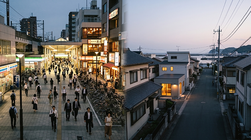 にぎわう駅前と、少し離れた静かな住宅街の対比 にぎわう駅前と、少し離れた静かな住宅街の対比