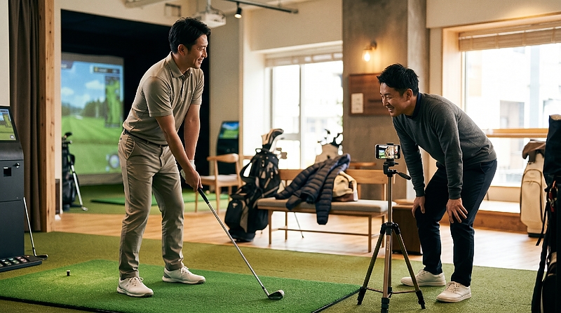 インドアゴルフ施設でスイングをスマートフォンで撮影するゴルファー インドアゴルフ施設でスイングをスマートフォンで撮影するゴルファー