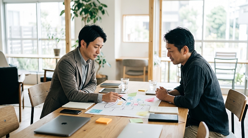 マーケティング担当者と店舗オーナーが集客の設計を話し合う様子 マーケティング担当者と店舗オーナーが集客の設計を話し合う様子