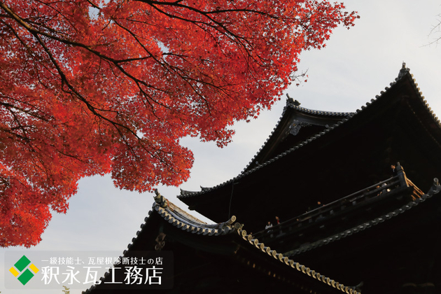 南禅寺 三門。本葺きいぶし瓦と紅葉
