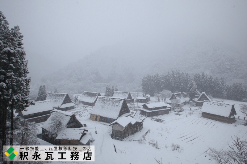 雪の残り柿と瓦屋根　富山県菅沼集落02