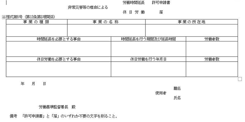 参考：「非常災害等の理由による労働時間延長・休日労働許可申請書（届）」